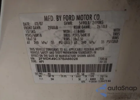 2007 Ford Edge Sel Plus z USA, uszkodzony, nr VIN 2FMDK49C37BA66028